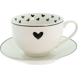 Clayre & Eef Kop en schotel  220 ml Wit Zwart Porselein Harten Servies