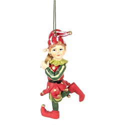 Clayre & Eef Kersthanger Elf 11 cm Rood Groen Polyresin Kerstboomversiering