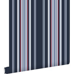 ESTAhome behang strepen marine blauw en rood - 53 cm x 10,05 m - 136419