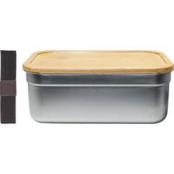 Krumble Lunchbox rvs met houten deksel en bruine elastiek