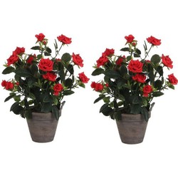 Mica Decorations Kunstplant - 2x - rozen - rood - grijze pot - 33 cm - Kunstplanten