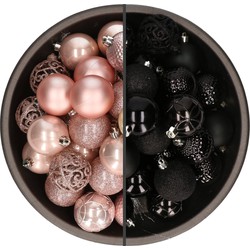 74x stuks kunststof kerstballen mix zwart en lichtroze 6 cm - Kerstbal