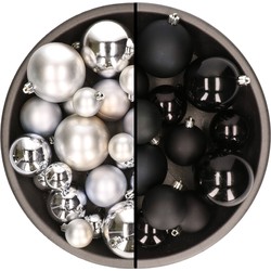 Kerstversiering kunststof kerstballen mix zwart/zilver 6-8-10 cm pakket van 44x stuks - Kerstbal