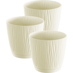 3x stuks stijlvolle kunststof plantenpot/bloempot dia 24 cm/hoogte 22.5 cm Waves creme wit - Plantenpotten