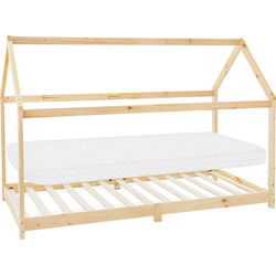 Kinderbed huisbed 90x200 cm van grenenhout incl. matras H-10cm houten bed met dak en lattenbodem ML design