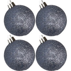 4x stuks kunststof glitter kerstballen donkerblauw 10 cm - Kerstbal
