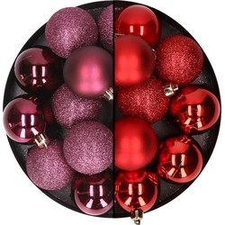 24x stuks kunststof kerstballen mix van aubergine en rood 6 cm - Kerstbal