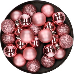 28x stuks kleine kunststof kerstballen lippenstift roze 3 cm - Kerstbal