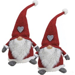 2x stuks pluche gnome/dwerg decoratie poppen/knuffels wit/rood/grijs 16 x 20 x 40 cm - Kerstman pop