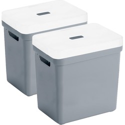 Set van 2x opbergboxen/opbergmanden blauwgrijs van 25 liter kunststof met transparante deksel - Opbergbox