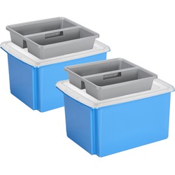 Sunware 2x opslagboxen kunststof 32 liter blauw 45 x 36 x 24 cm met deksel en organiser tray - Opbergbox