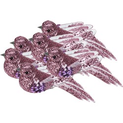 6x stuks kunststof decoratie vogels op clip roze met pailletten 15 cm - Kersthangers