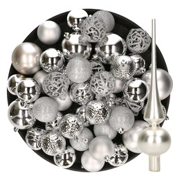 Kerstversiering kunststof kerstballen met piek zilver 6-8-10 cm pakket van 39x stuks - Kerstbal