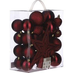 39x stuks kunststof kerstballen en kerstornamenten met ster piek rood mix - Kerstbal