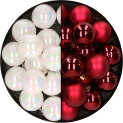 32x stuks kunststof kerstballen mix van parelmoer wit en donkerrood 4 cm - Kerstbal