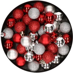 Kleine kunststof kerstversiering 40x stuks set en 3 cm kerstballen in het zilver en rood - Kerstbal