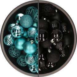 74x stuks kunststof kerstballen mix zwart en turquoise blauw 6 cm - Kerstbal