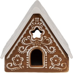 Clayre & Eef Waxinelichthouder Gingerbread house 8x8x8 cm Bruin Porselein Theelichthouder