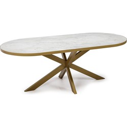 Stalux Plat ovale eettafel 'Noud' 240 x 100, kleur goud / wit marmer