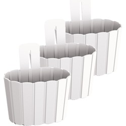 Set van 3x stuks wood-look muur plantenpot/bloempot kunststof dia 20 cm/hoogte 15 cm parel wit - Plantenpotten