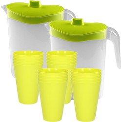 16x kunststof drinkbekers 430 ML met 2x stuks schenkkannen set groen van 2.5 liter - Schenkkannen