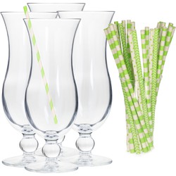 Cocktail set van 4x cocktail glazen en 100x rietjes - 440 ml - groen - Drinkglazen