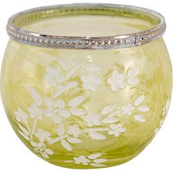 Clayre & Eef Theelichthouder  Ø 10x9 cm Groen Wit Glas Metaal Rond Bloemen Waxinelichthouder