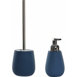 Toiletborstel met houder 39 cm en zeeppompje 280 ml keramiek donkerblauw - Badkameraccessoireset