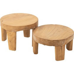 J-line - Set Van 2 Tafel Rond Teak Hout Naturel - 50x50x35cm