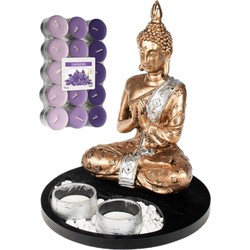 Boeddha beeld voor binnen 20 cm met 30x geurkaarsen lavendel - Beeldjes