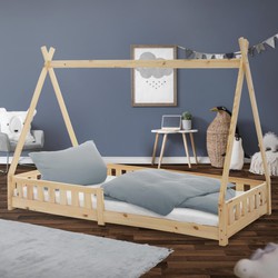 Kinderbed met uitvalbeveiliging en lattenbodem 90x200 cm naturel dennenhout ML-Design