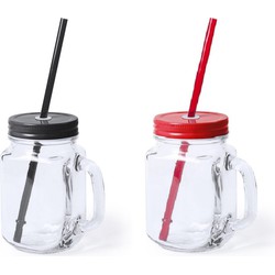 6x stuks drink potjes van glas Mason Jar zwart/rood 500 ml - Drinkbekers