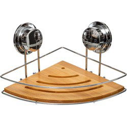 Doucherekje - hoek model - 27 x 20 x 12 cm - metaal/bamboe hout - Douche- en badrekjes
