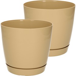 Set van 2x stuks plantenpotten/bloempotten kunststof glanzend bruin/beige dia 15.5 x hoogte 14 cm - Plantenpotten