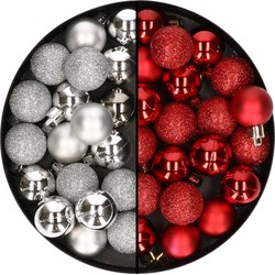 40x stuks kleine kunststof kerstballen rood en zilver 3 cm - Kerstbal