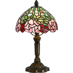 LumiLamp Tiffany Tafellamp  Ø 21x39 cm  Groen Roze Glas Bloemen Tiffany Bureaulamp