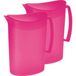 Juypal Schenkkan/waterkan - 2x - fuchsia roze - 2 liter - kunststof - L20 x H23 cm - met deksel - Schenkkannen