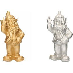 2x Staande tuinkabouters goud/zilver middelvinger 30 cm - Tuinbeelden