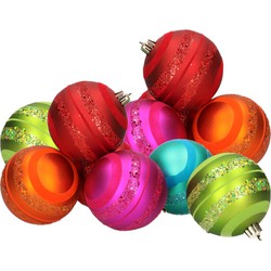 12x stuks kunststof kerstballen gekleurd met glitter rand 8 cm - Kerstbal