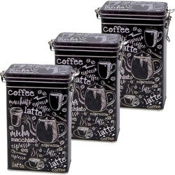 Koffieblik/bewaarblik - 3x - zwart - cafe print - 19 cm - rechthoekig - Voorraadblikken