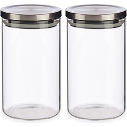 Set van 2x stuks glazen luxe keuken voorraadpotten/voorraadbussen met deksel zilver 1000 ml - Voorraadpot