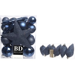 Kerstversiering kunststof kerstballen met piek donkerblauw 5-6-8 cm pakket van 39x stuks - Kerstbal