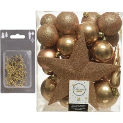 33x stuks kunststof kerstballen 5, 6 en 8 cm camel bruin inclusief ster piek en kerstbalhaakjes - Kerstbal