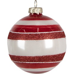 Clayre & Eef Kerstbal  Ø 8 cm Rood Wit Glas Kerstboomversiering