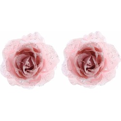 2x Kerstdecoratie roos poeder roze op clip - Kersthangers