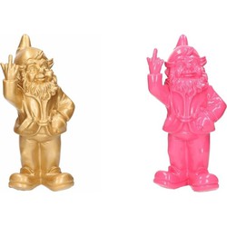 Tuinkabouters - 2x - goud/roze - polystone - 30 cm - middelvinger - Tuinbeelden