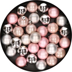 32x stuks kunststof kerstballen mix lichtroze/zilver 4 cm - Kerstbal
