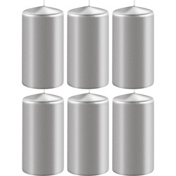 6x Kaarsen metallic zilver 6 x 15 cm 58 branduren sfeerkaarsen - Stompkaarsen