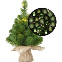 Mini kerstboom/kunstboom met verlichting 45 cm en inclusief kerstballen groen - Kunstkerstboom