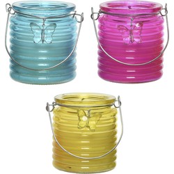 Citronella kaars - in windlicht - 3x - blauw/roze en geel - 20 branduren - citrusgeur - geurkaarsen